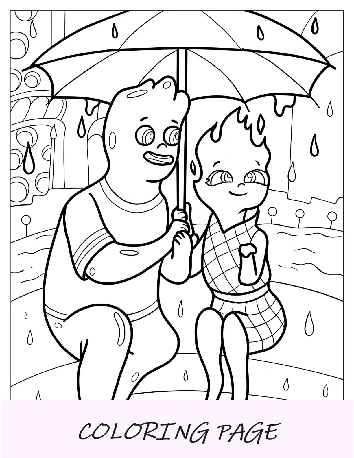 Página para colorear elemental de Wade simple y brasas bajo el paraguas durante la lluvia