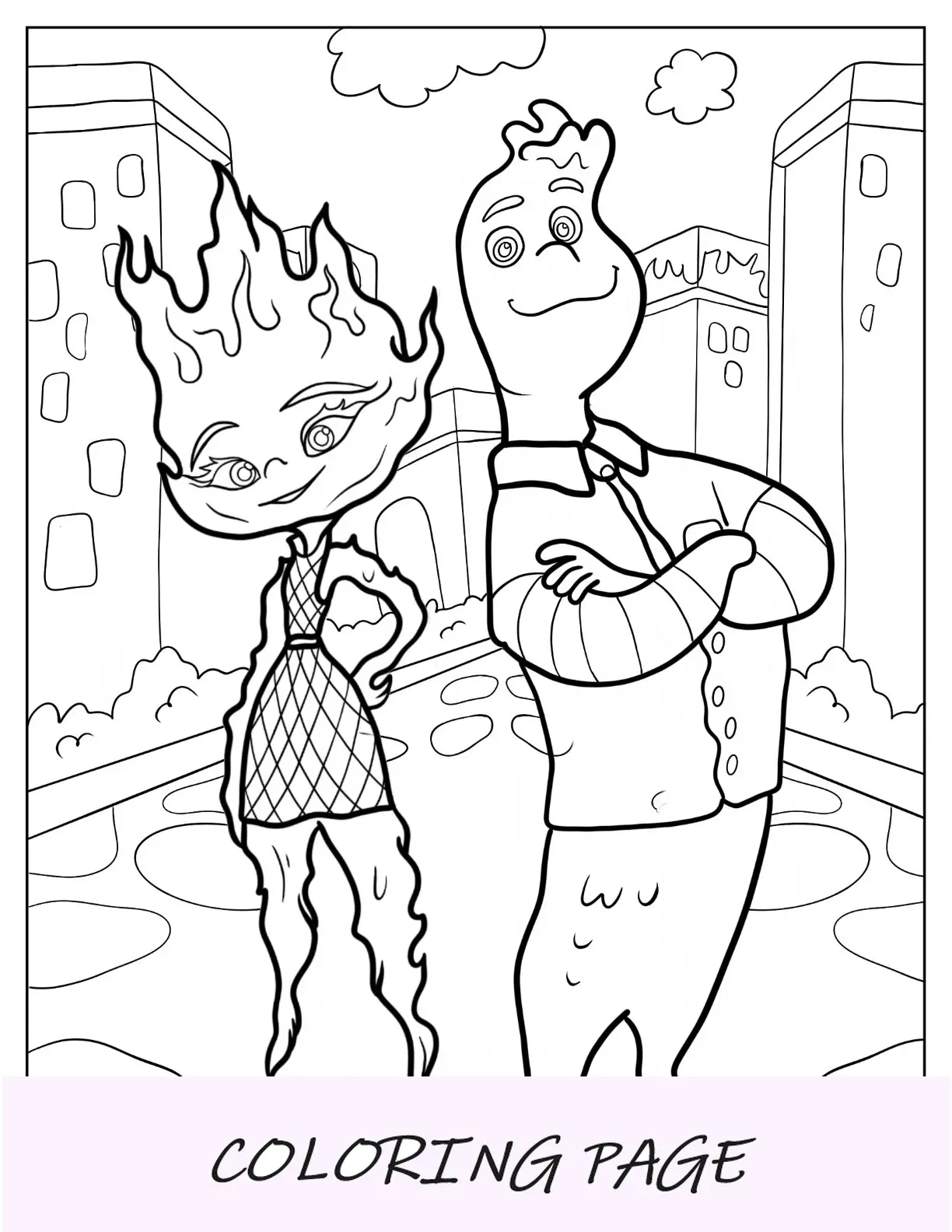 Página para colorear elemental de Ember Lumen y Wade Ripple