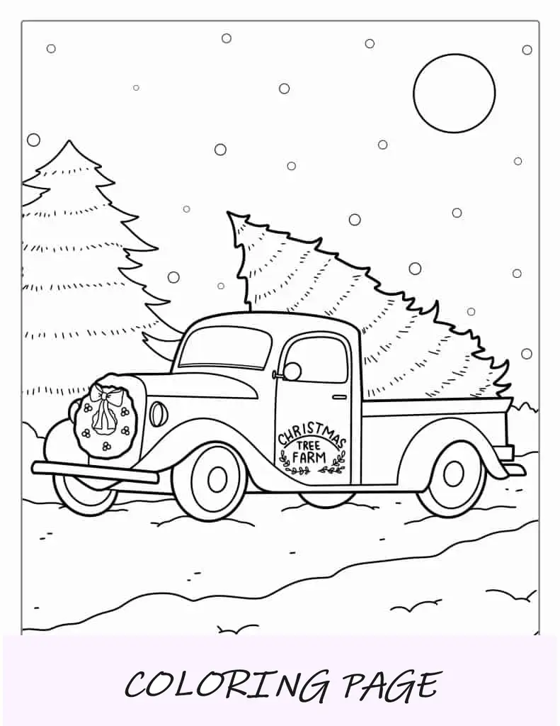Hoja para colorear de la granja de árboles de Navidad