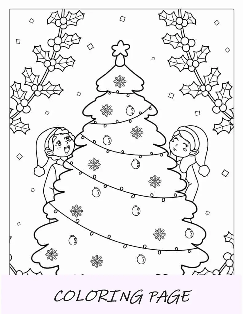 Página para colorear de árbol de Navidad con duendes