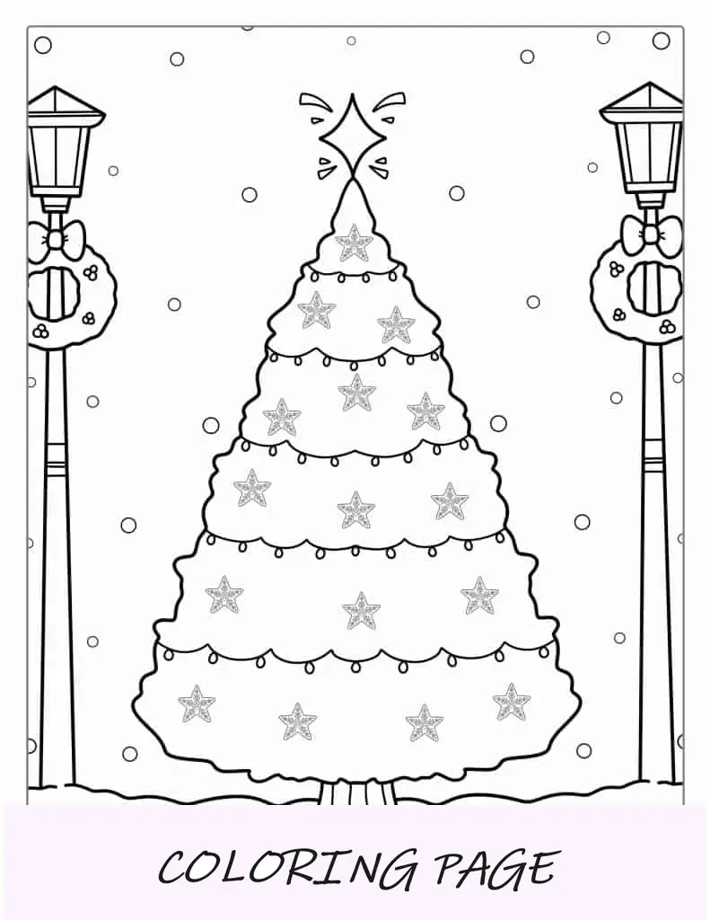 Árbol de Navidad en la nieve con farolas.