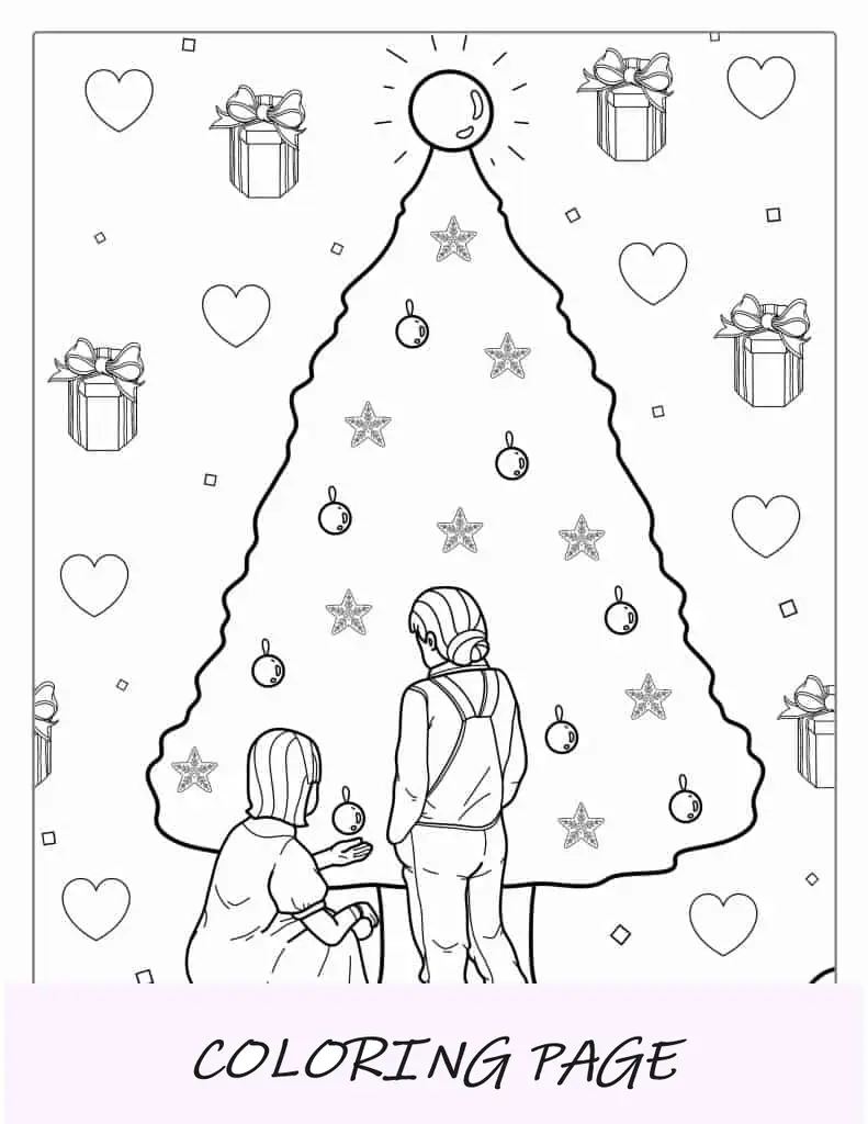 Niños decorando un árbol de Navidad para colorear