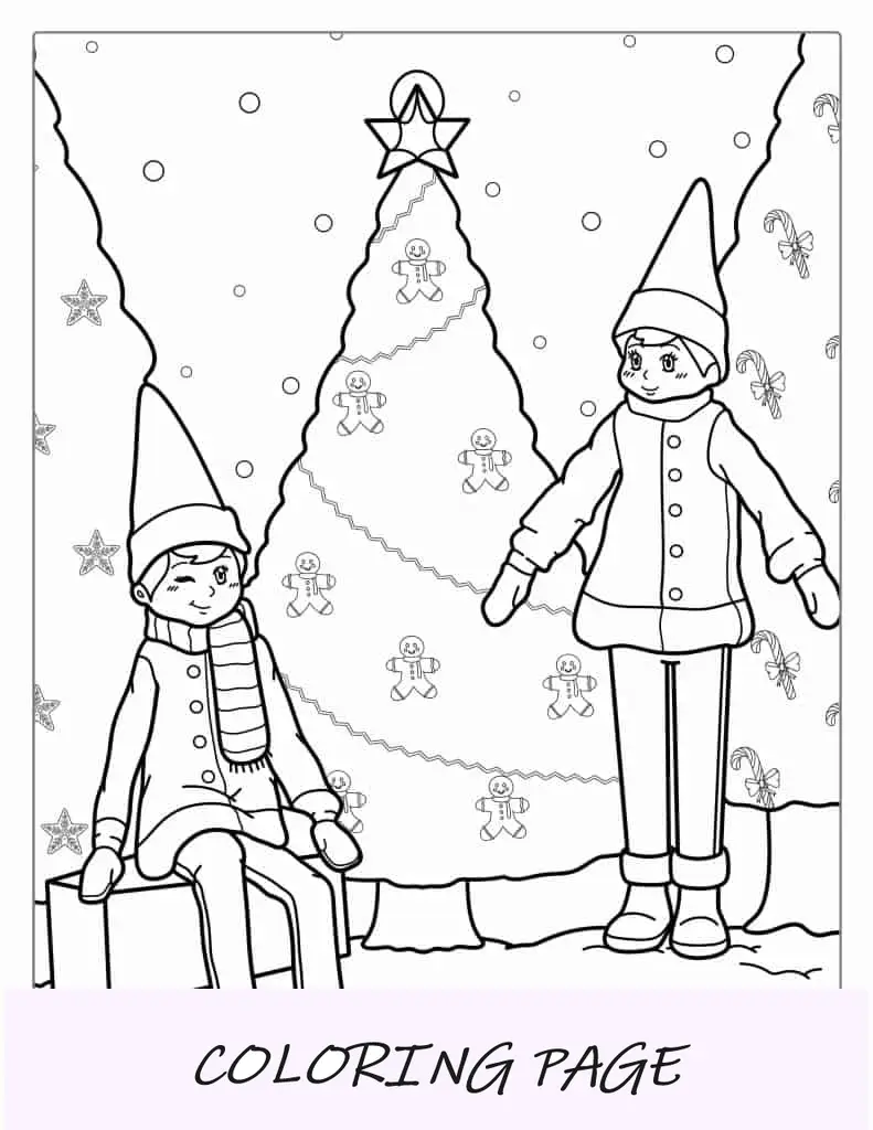 Elfo en el estante con árbol de Navidad para colorear