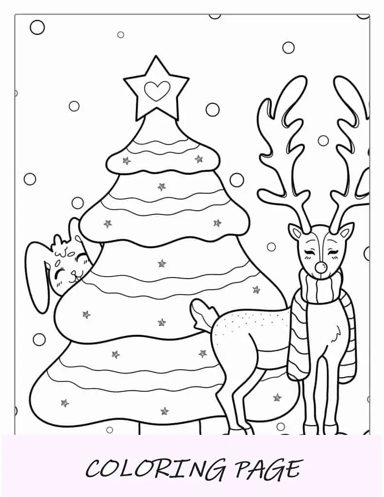 Lindo reno y conejito con árbol de Navidad