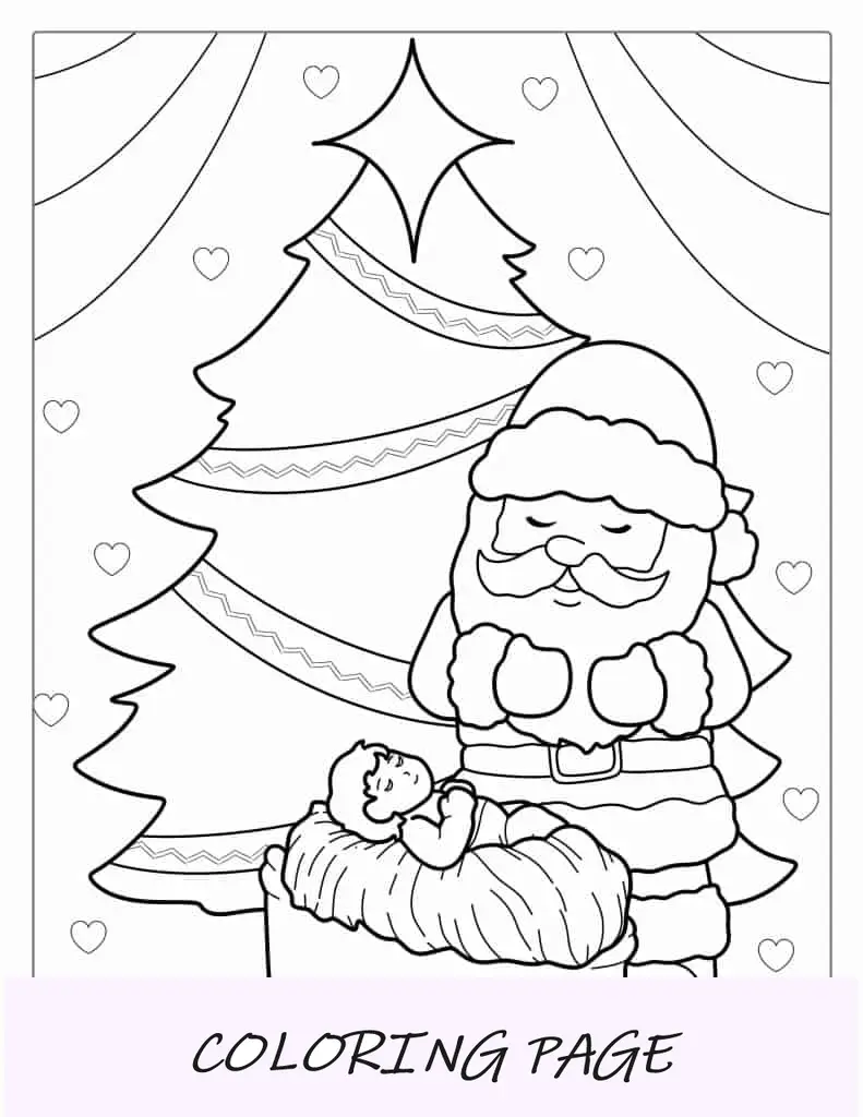 Lindo Santa con el Niño Jesús y el árbol de Navidad