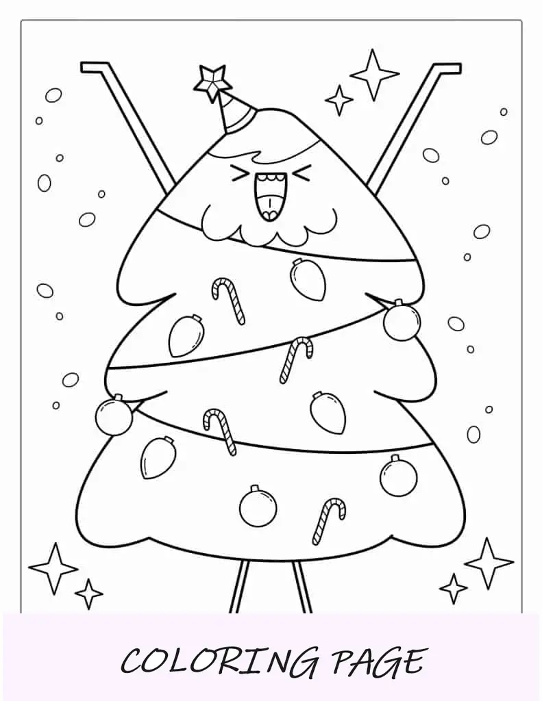 Hoja para colorear de árbol de Navidad bailando