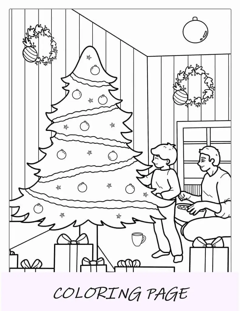 Familia decorando un árbol de Navidad
