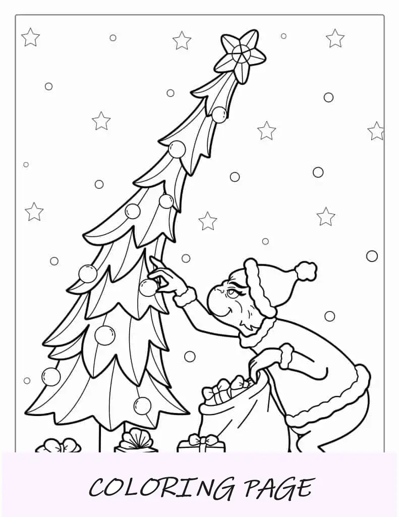 Grinch robando regalos y adornos del árbol de Navidad