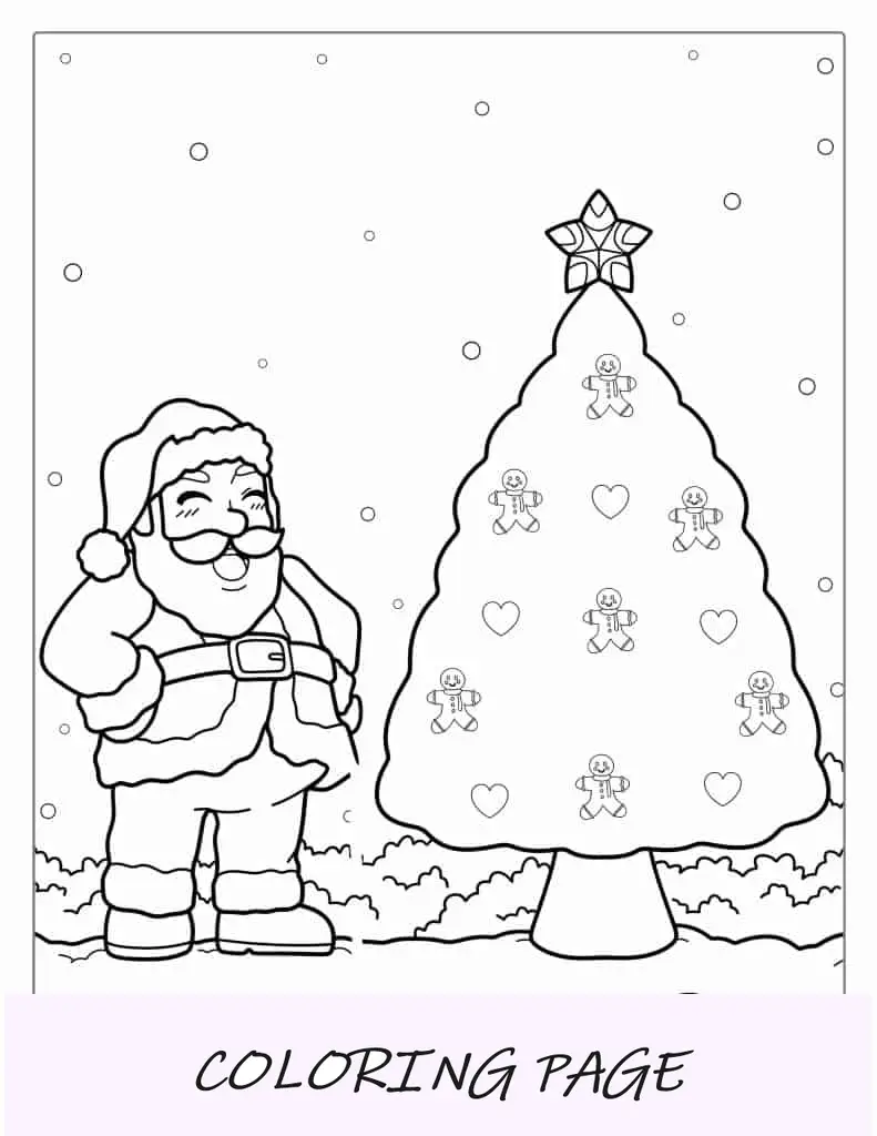 Jolly Santa junto al árbol de Navidad