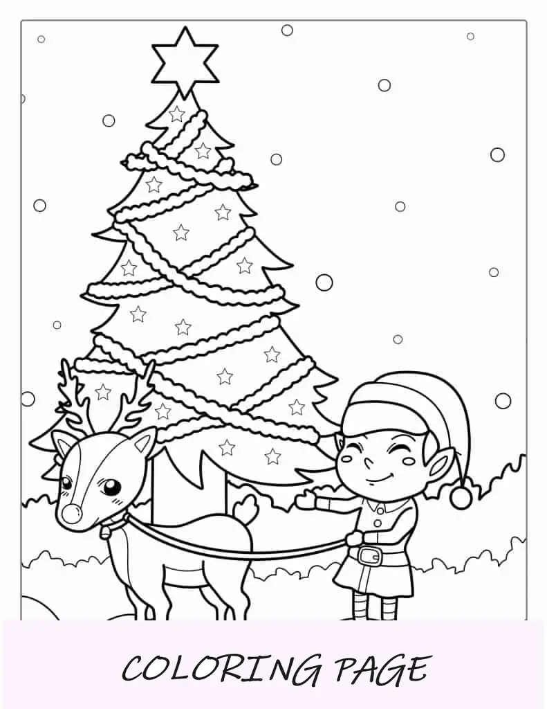 Duende, reno y árbol de Navidad para colorear para niños