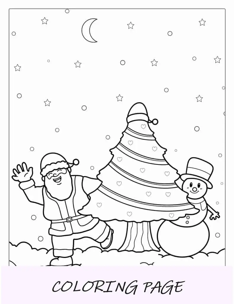 Papá Noel y un muñeco de nieve con árbol de Navidad