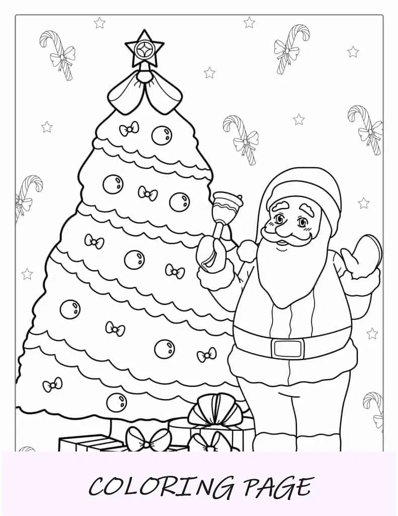 Página para colorear de Papá Noel con árbol de Navidad