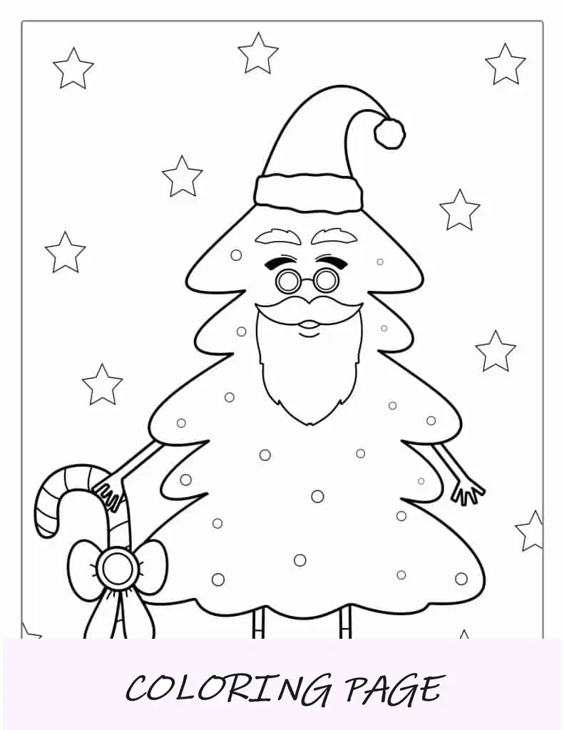Hoja para colorear del árbol de Navidad con temática de Papá Noel