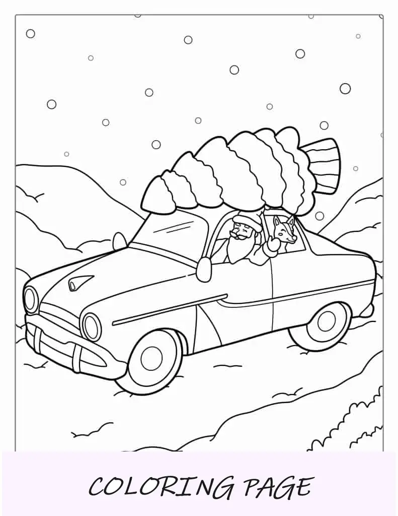 Santa con árbol de Navidad en coche