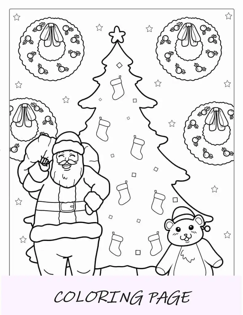 Santa con saco de regalos junto al árbol de Navidad
