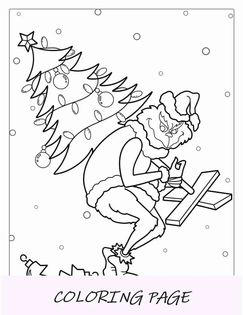 Hoja para colorear El Grinch robando un árbol de Navidad