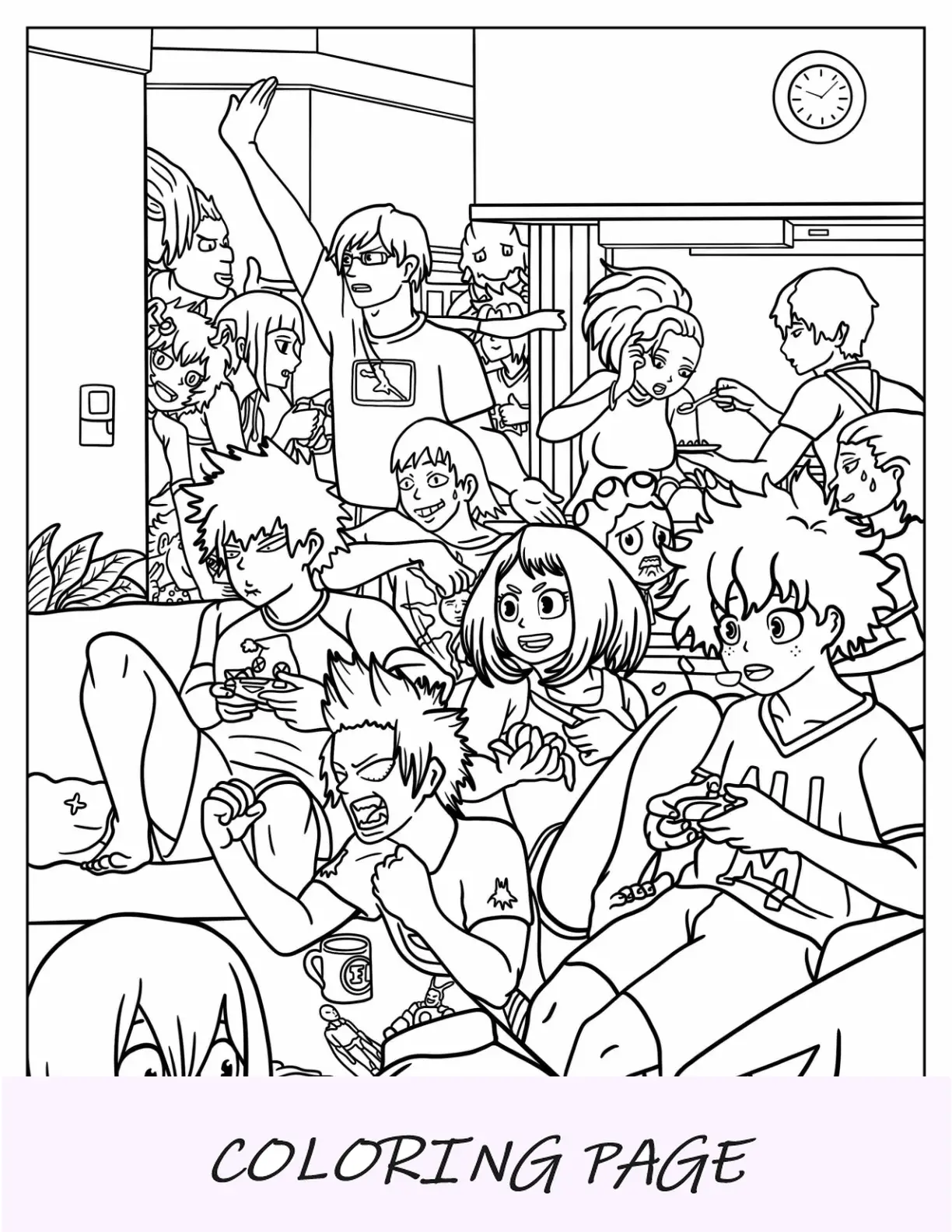 Página completa de My Hero Academia Deku para colorear jugando videojuegos con amigos