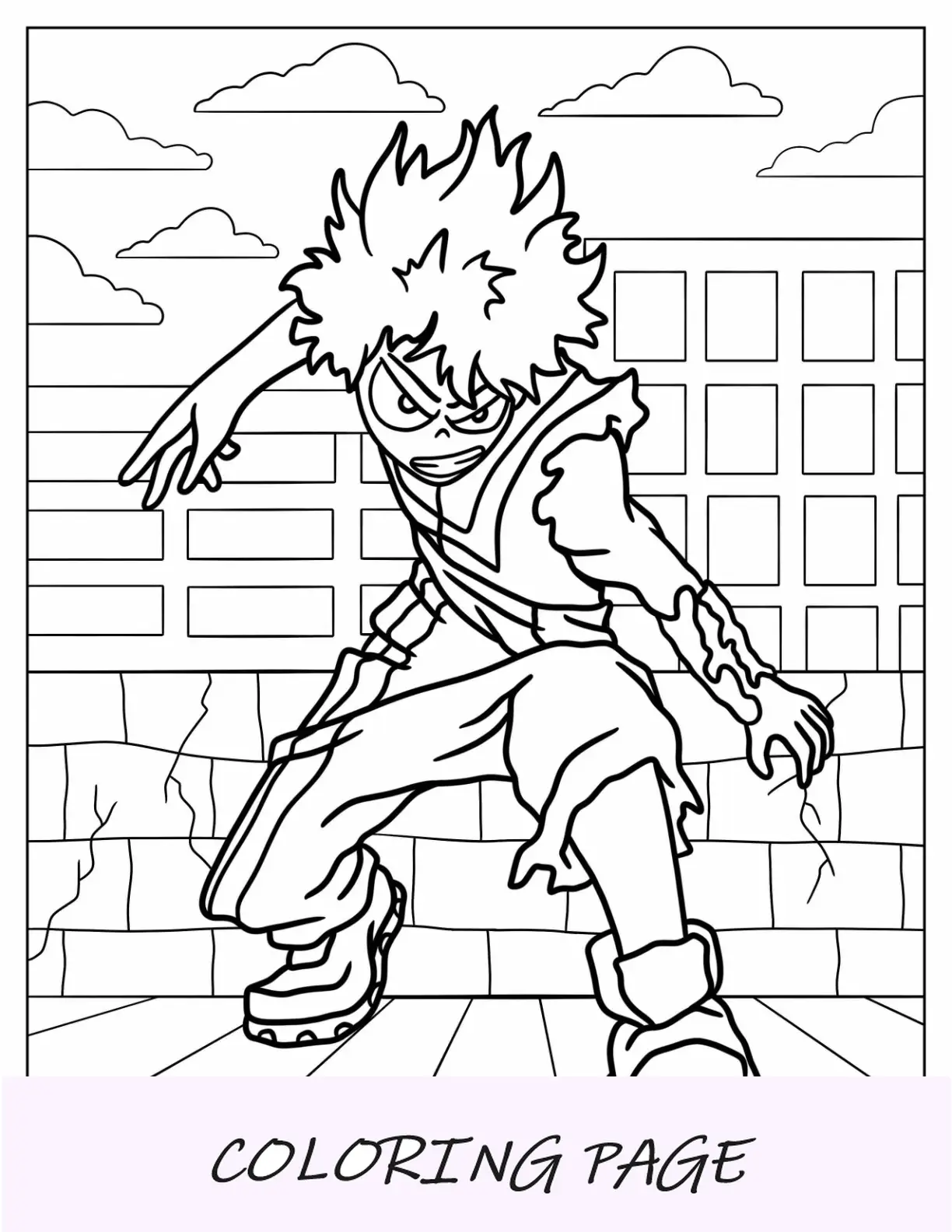 Página para colorear de Deku de heridos en batalla en la azotea