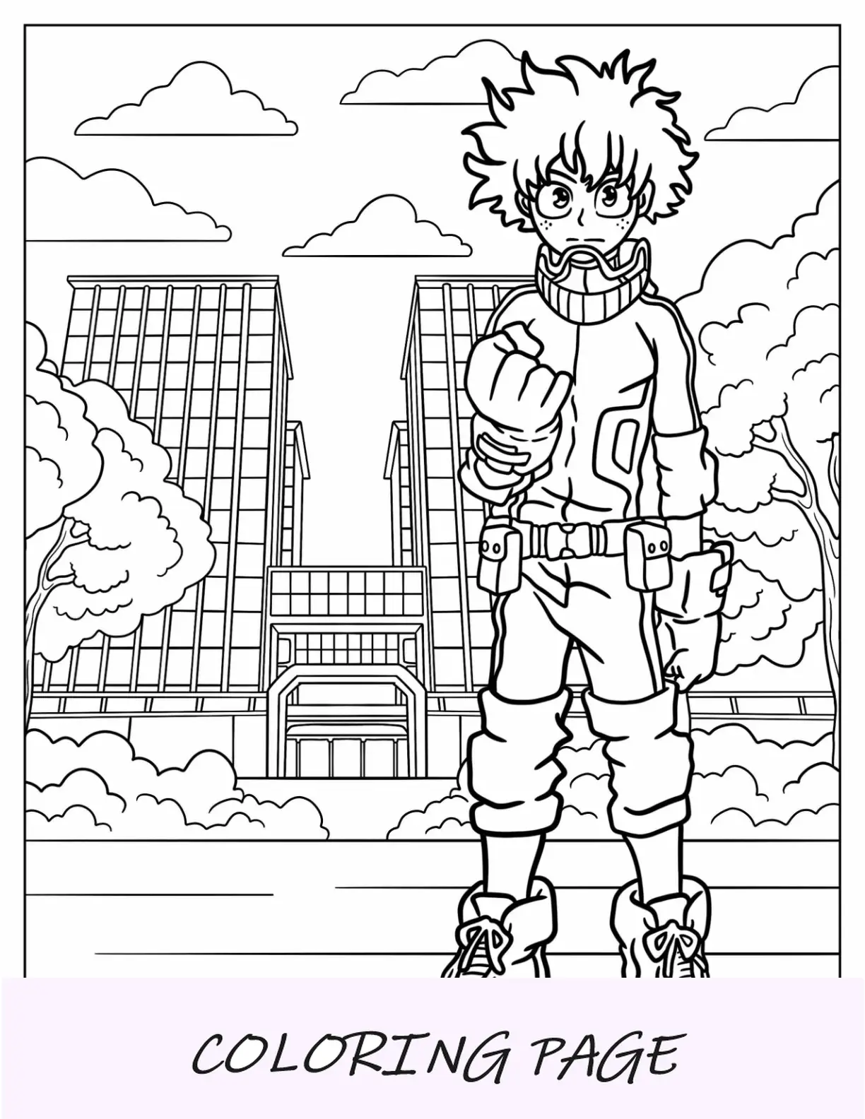 Página para colorear de Deku frente a la escuela secundaria de la UA