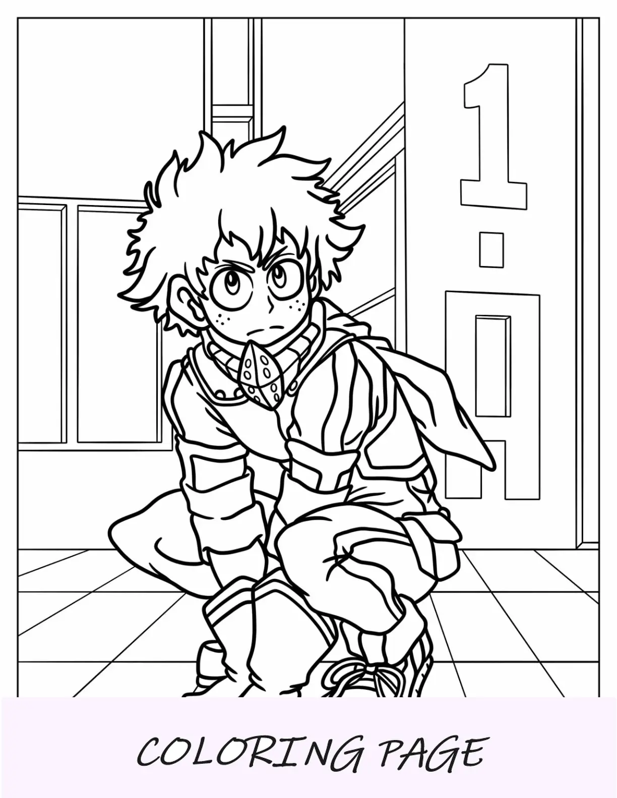 Dibujo para colorear de Deku agachado en el suelo