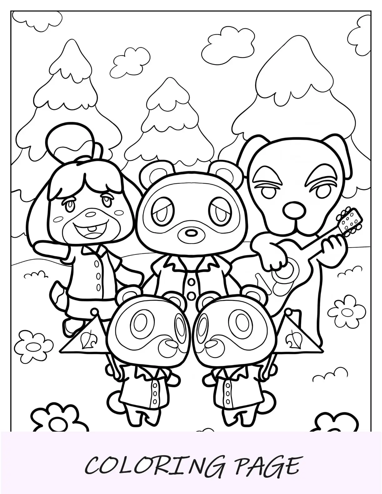 Página para colorir de Animal Crossing de Isabelle, Tom, Tommy, Timmy e K.K. Controle deslizante