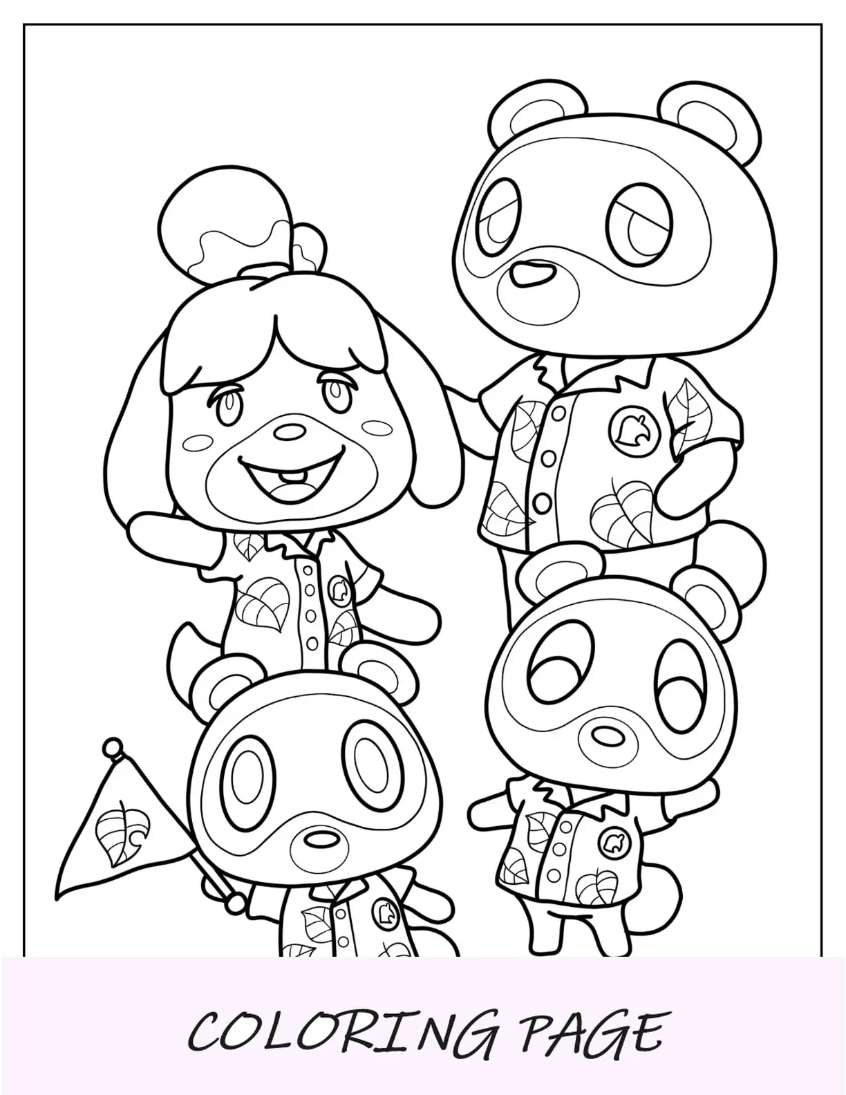 Página para colorir de Animal Crossing de Isabelle com Tom Nook, Tommy e Timmy