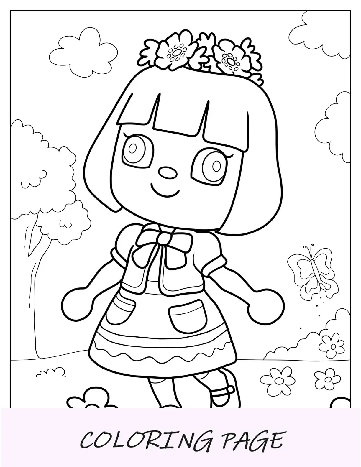 Página para colorir de Animal Crossing de aldeão com coroa de flores