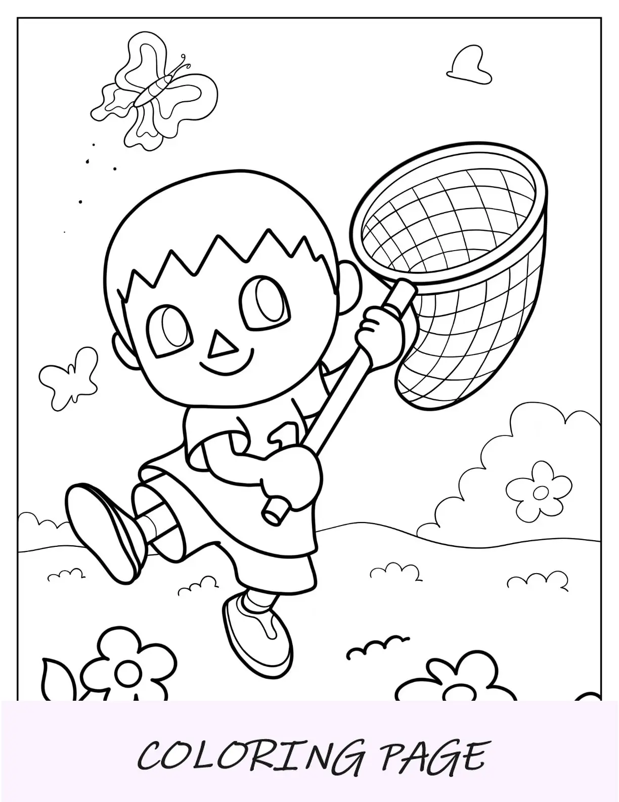Página para colorir de Animal Crossing de aldeão com rede arrebatadora capturando borboleta
