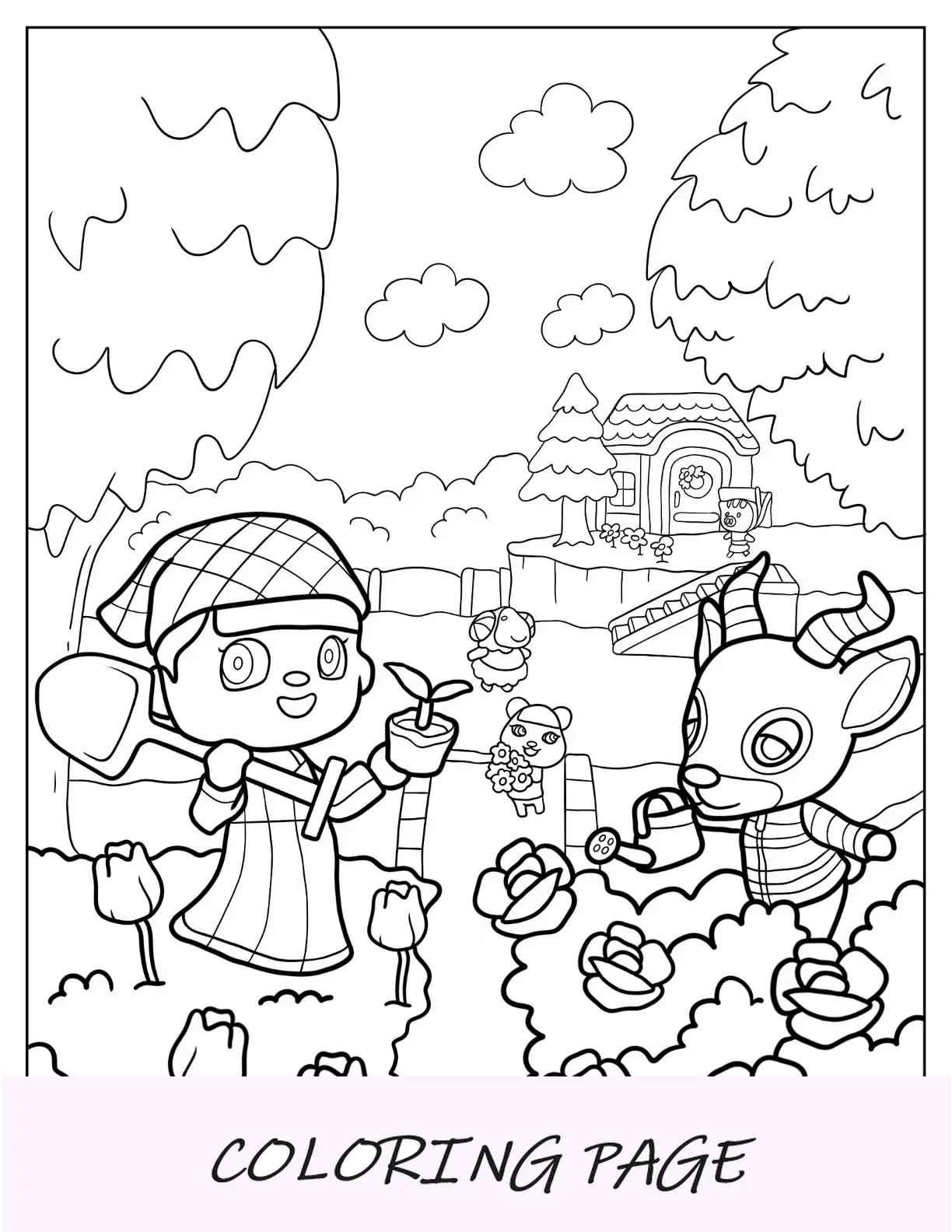 Página para colorir de Animal Crossing de jardinagem de aldeões e amigos