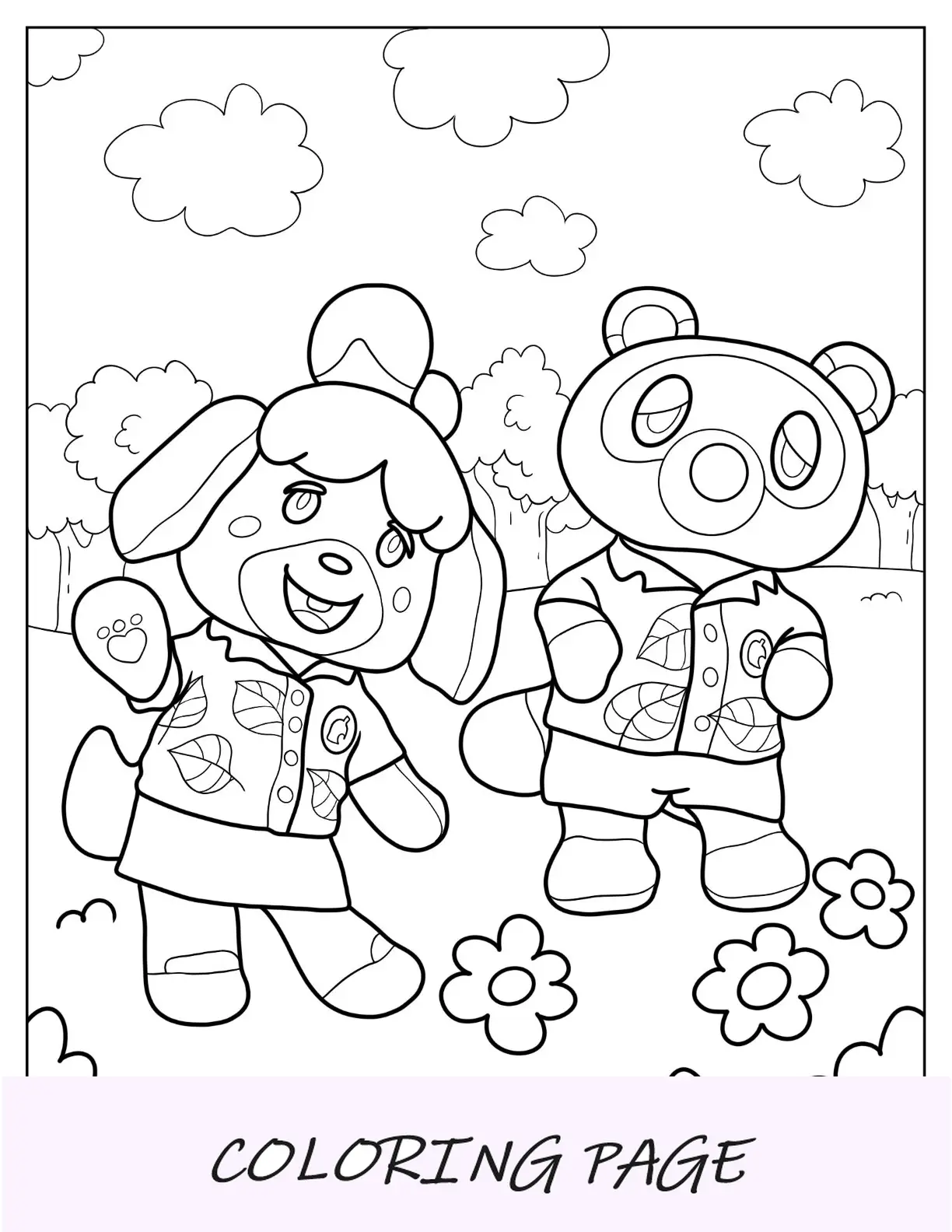 Página para colorir de Animal Crossing de Isabelle e Tom Nook em roupas de verão