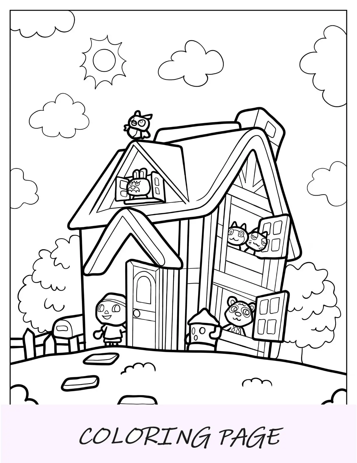 Casa de páginas para colorir de Big Animal Crossing com aldeão, Tom e amigos