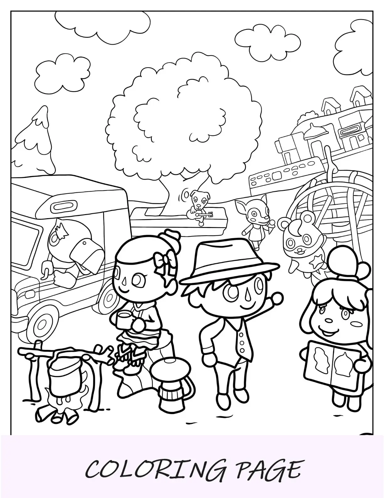 Página detalhada para colorir de Animal Crossing da cidade com moradores