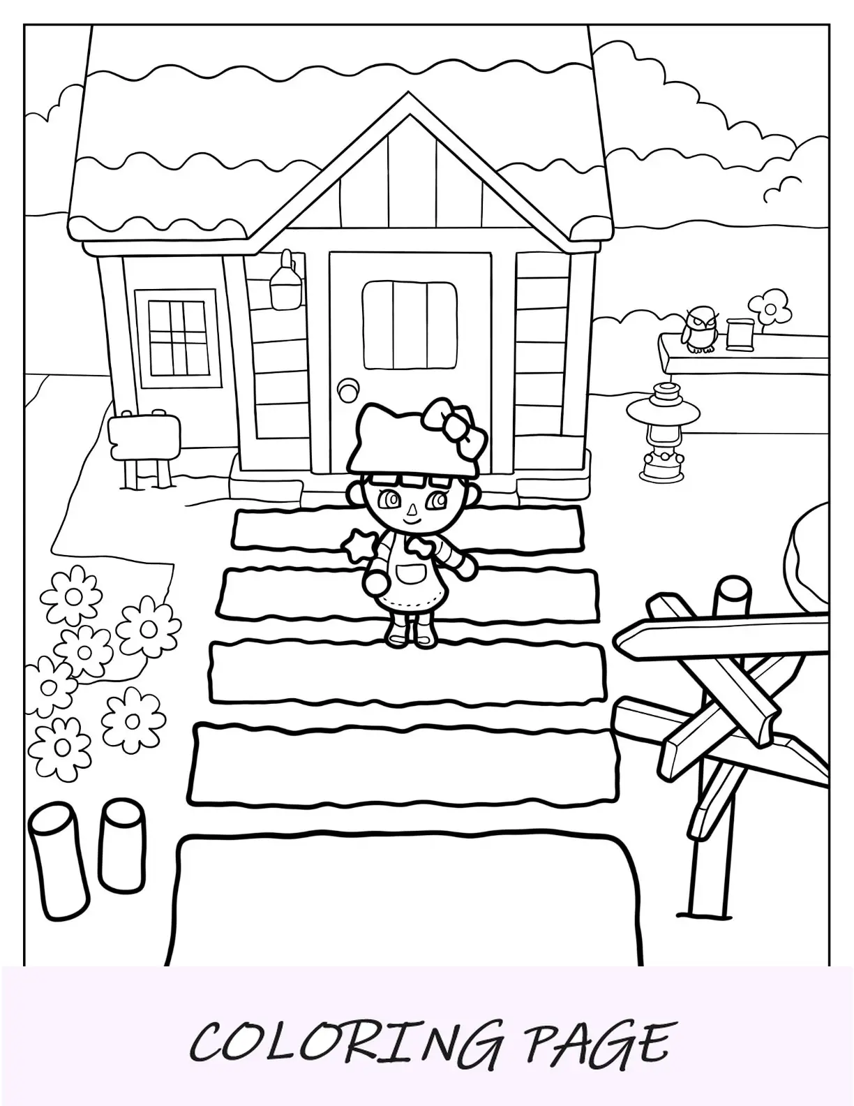 Página para colorir de Animal Crossing de um aldeão em frente à casa