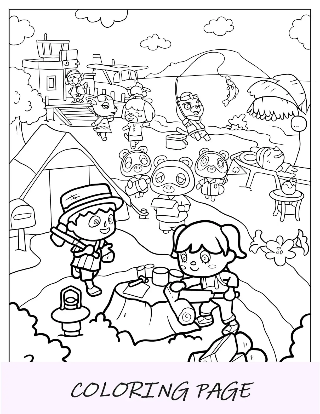 Página para colorir de Animal Crossing de aldeões de New Horizons com amigos na ilha