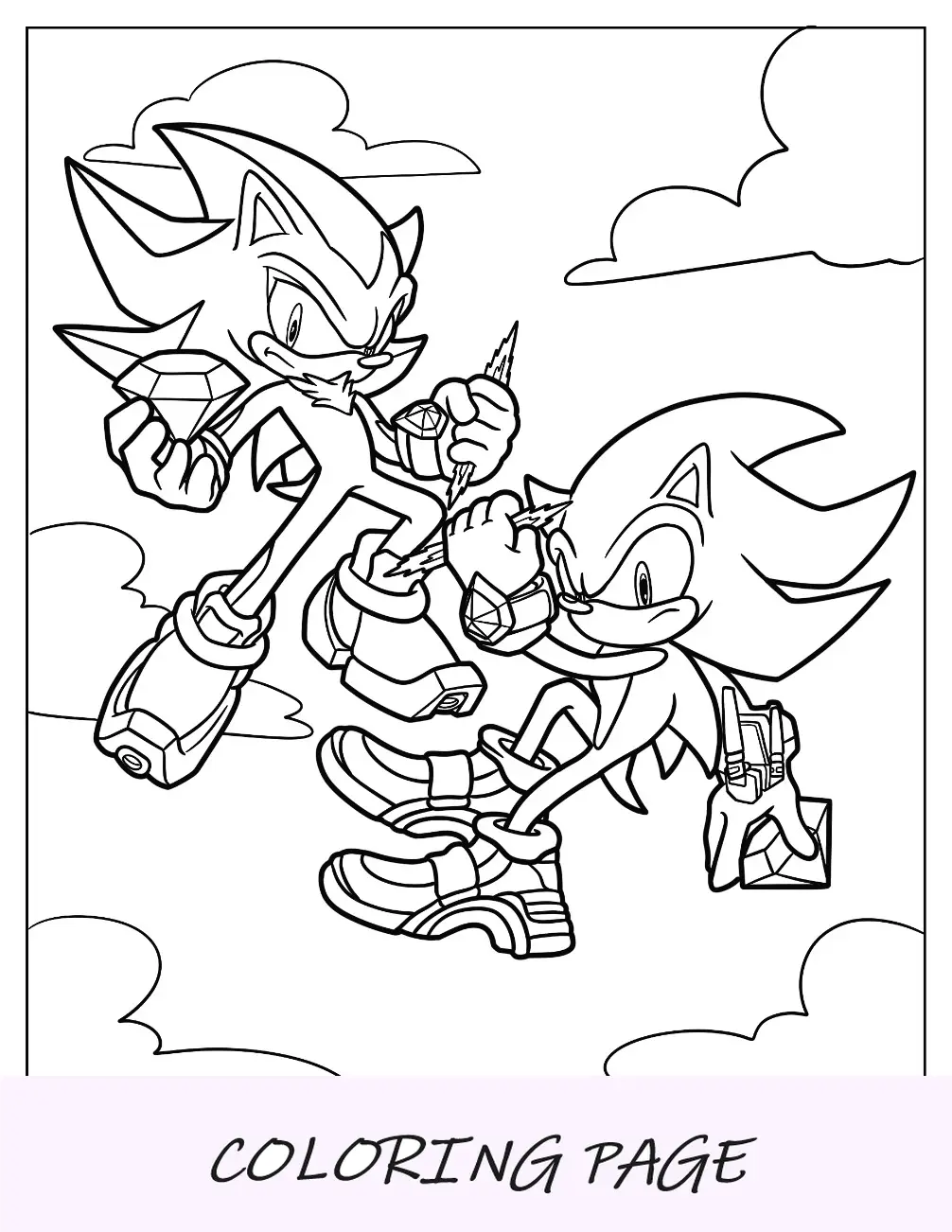 Página para colorir Super Sonic com Sonic segurando esmeraldas do caos