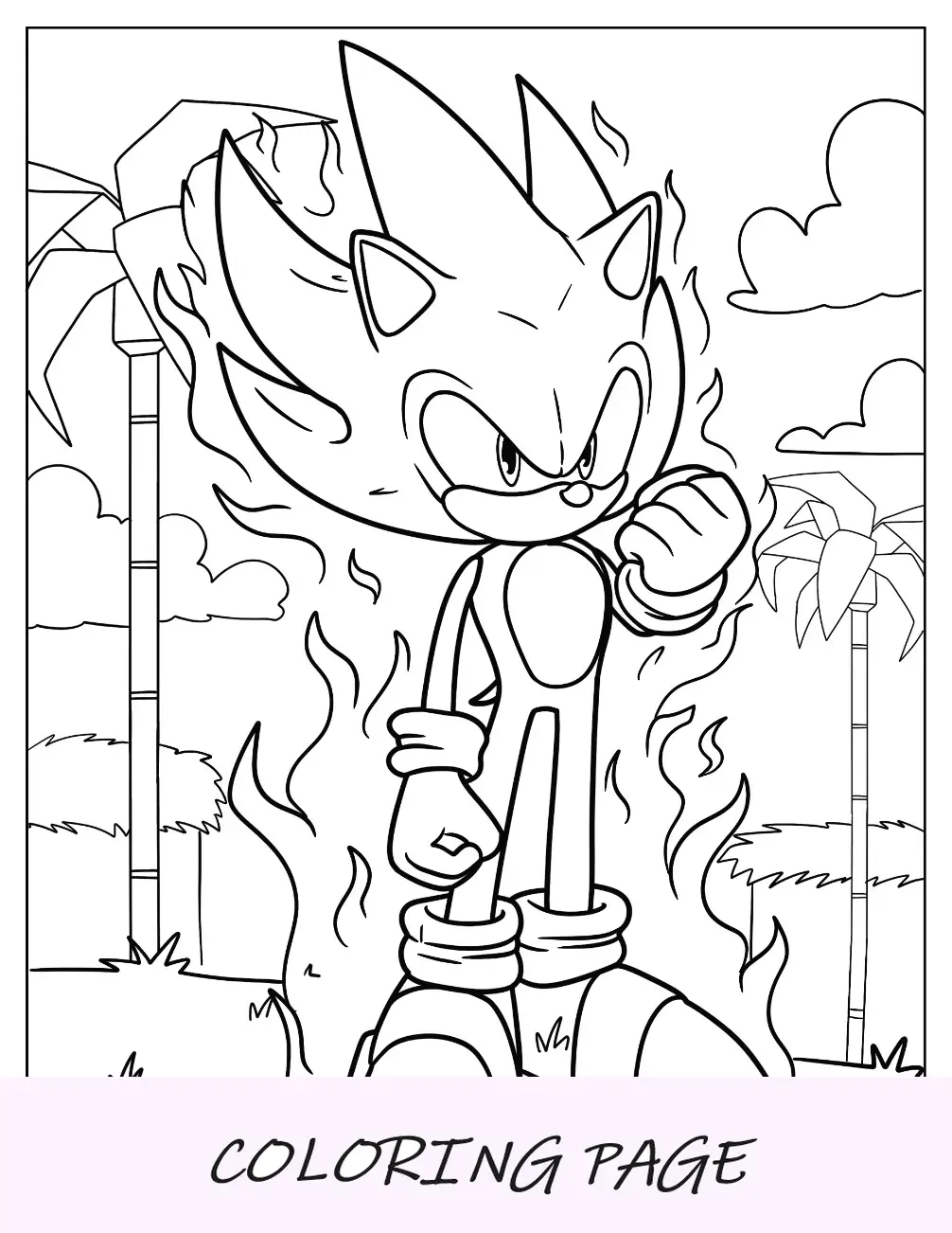 Página para colorir Super Sonic com o punho levantado na Ilha dos Anjos