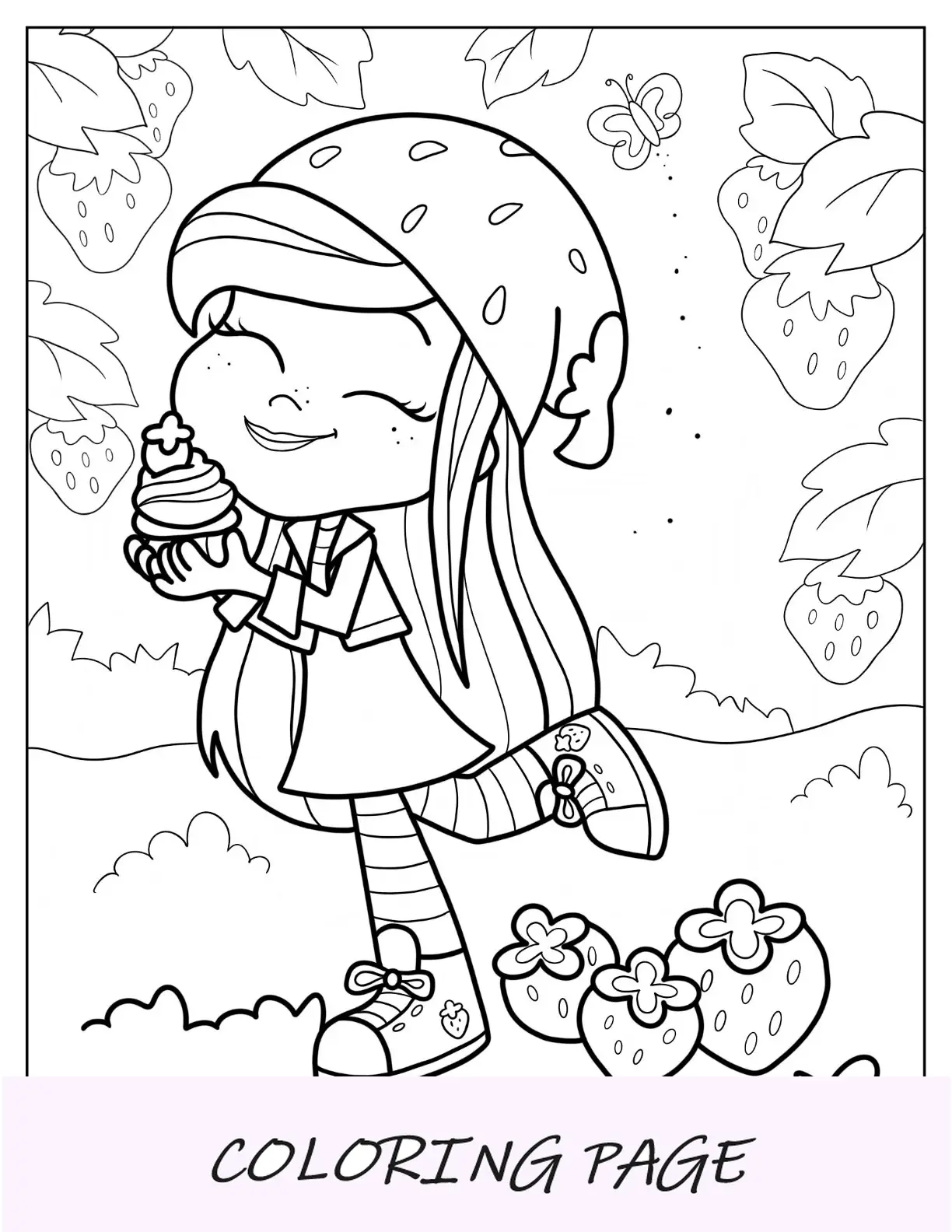 Página para colorear de Tarta de Fresa sosteniendo cupcake