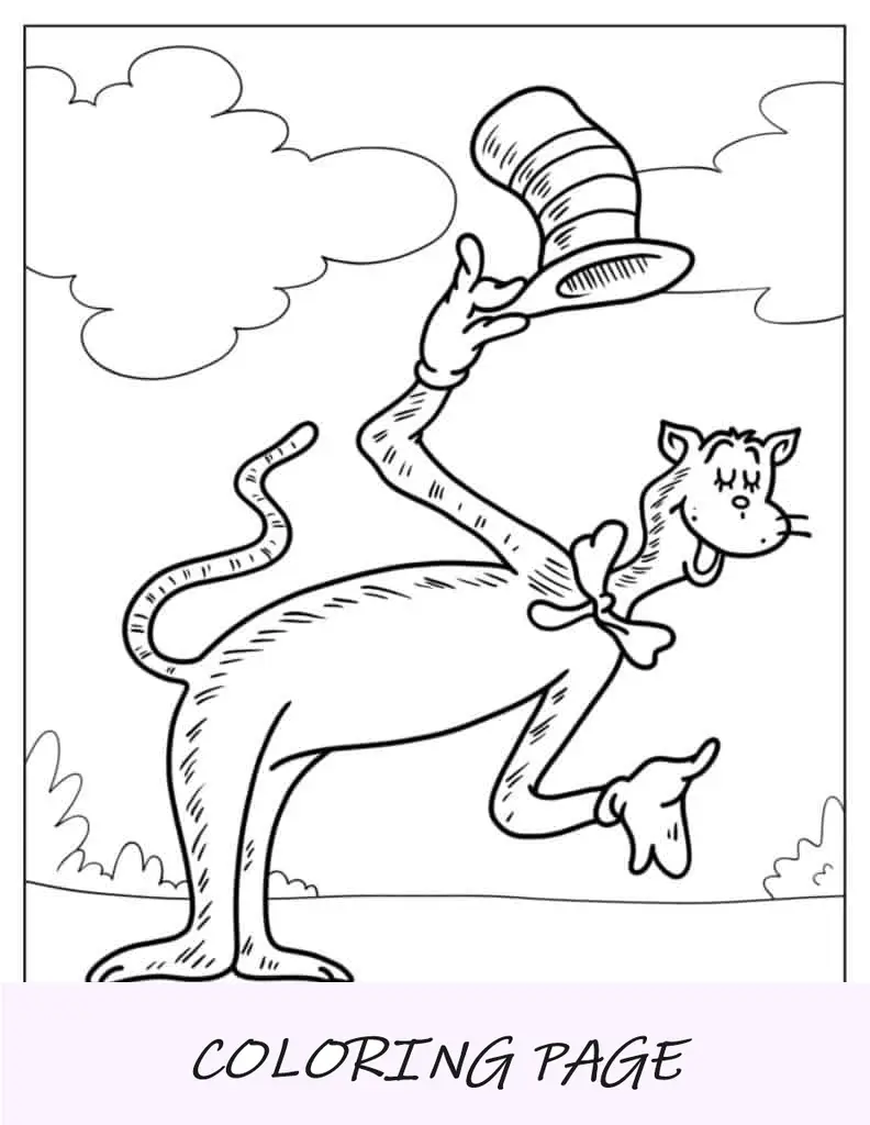 Página para colorir de gato com chapéu curvando-se