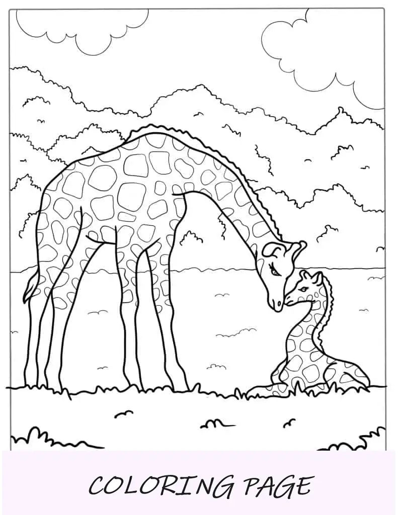 Madre reconfortando a su bebé jirafa para colorear
