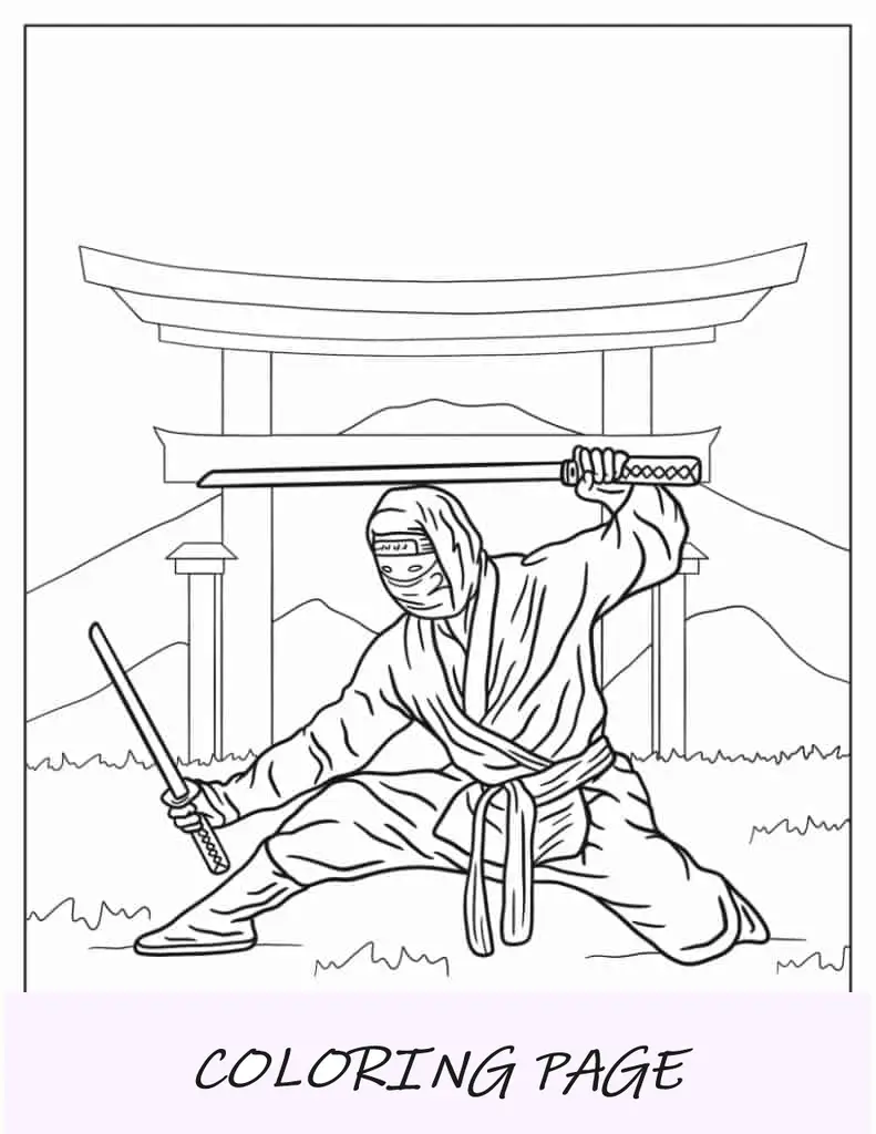 Ninja hält Schwerter vor der Torii-Malseite
