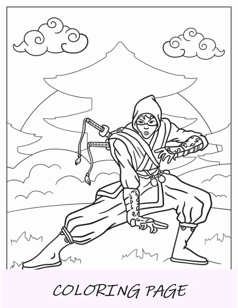 Malblatt eines detaillierten Ninja mit Waffe