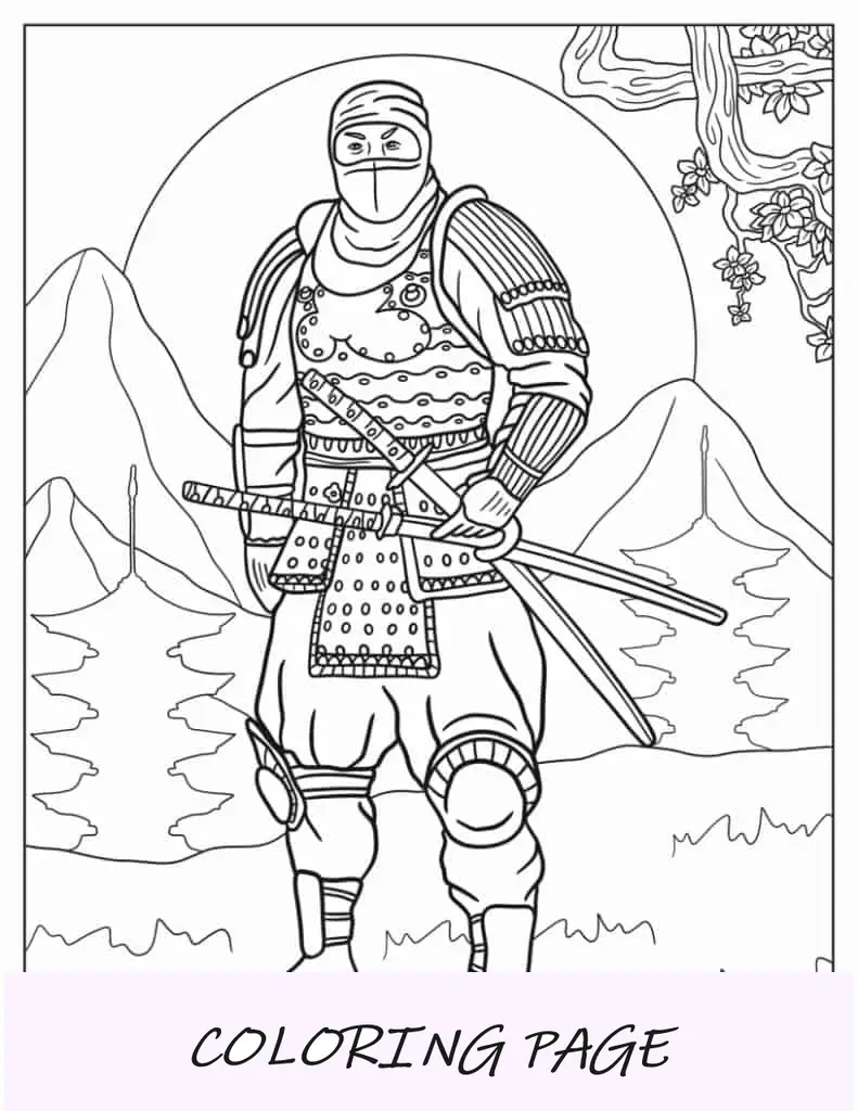 Malvorlage „Ninja in voller Rüstung“.