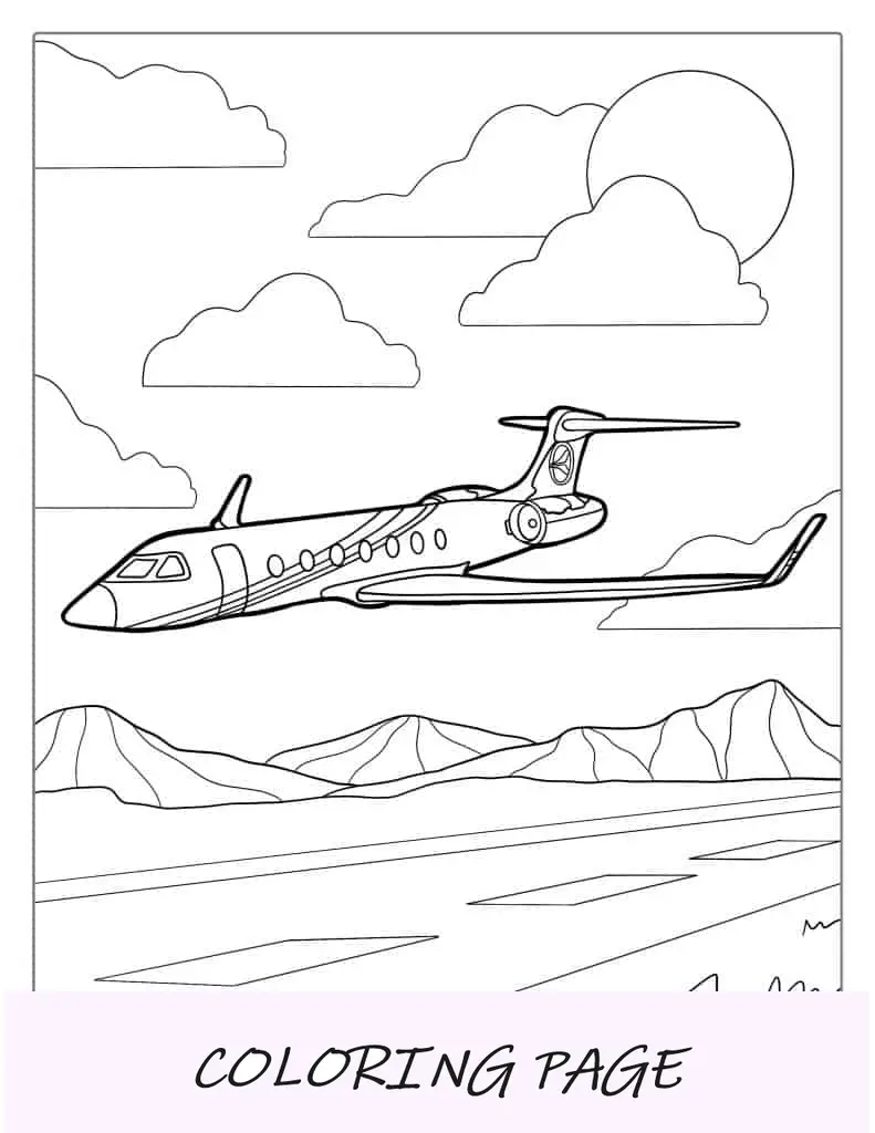 Página para colorir de pouso de avião particular