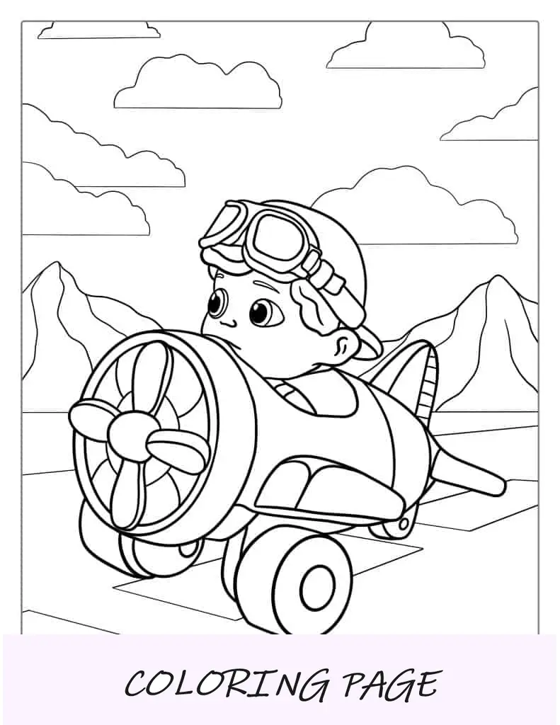 Página para colorir de avião fofo de desenho animado para crianças