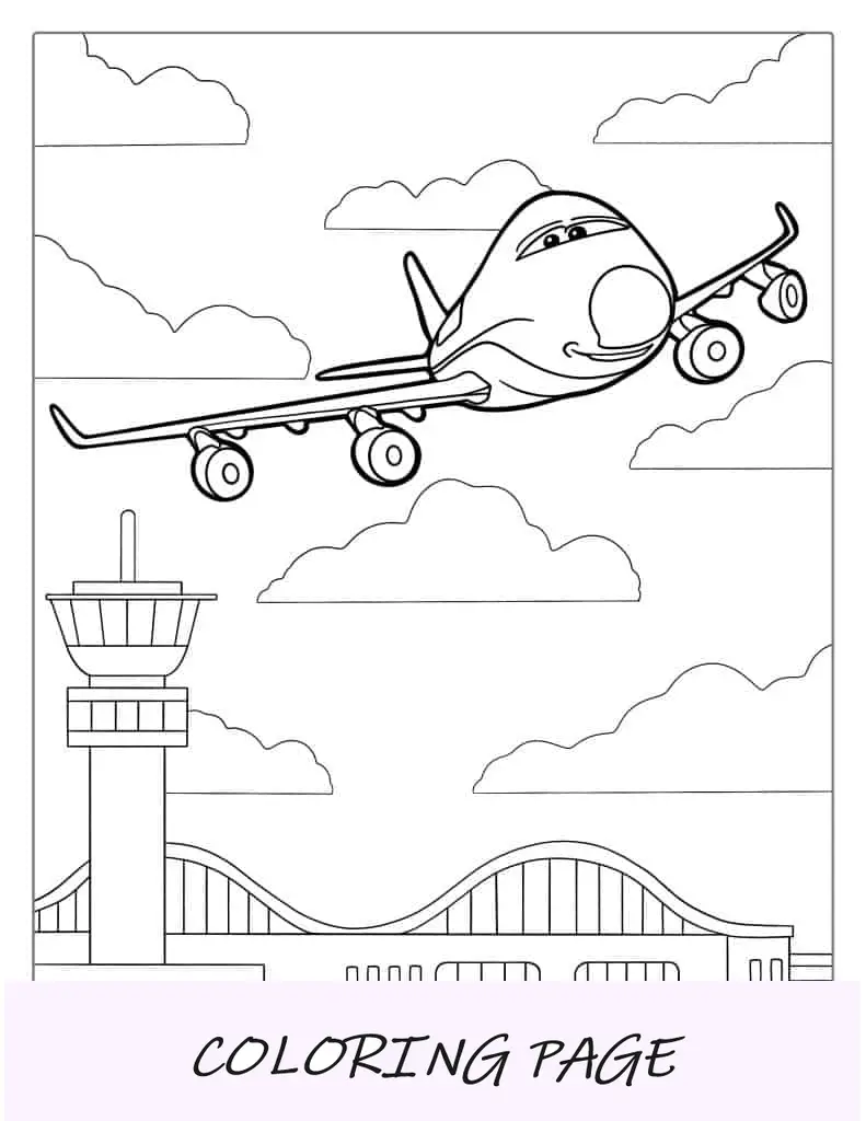 Avião de desenho animado sorridente para colorir para crianças