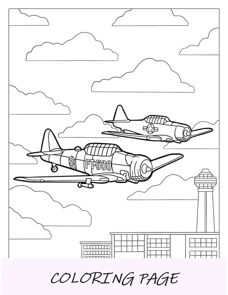 Aviões Warbird voando em conjunto para colorir