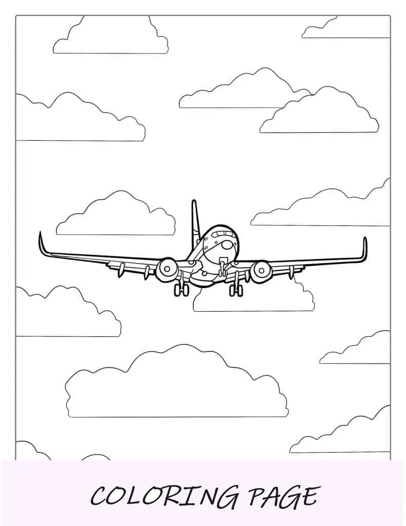 Página para colorir do Boeing 737 chegando para pousar