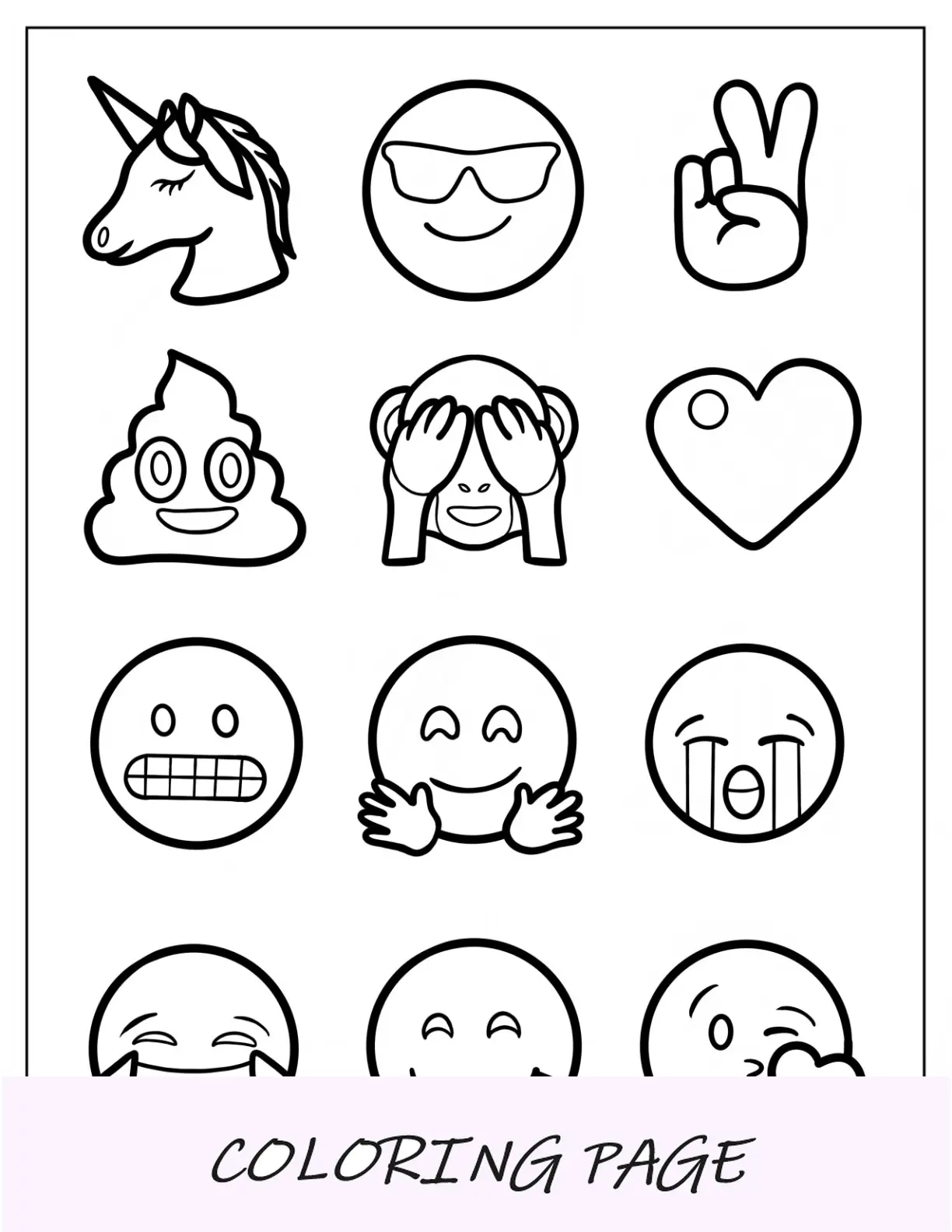 Pagina da colorare con emoji di Gene Meh, Smiler, Jailbreaker, Cacca e Ciao 5 film emoji per bambini