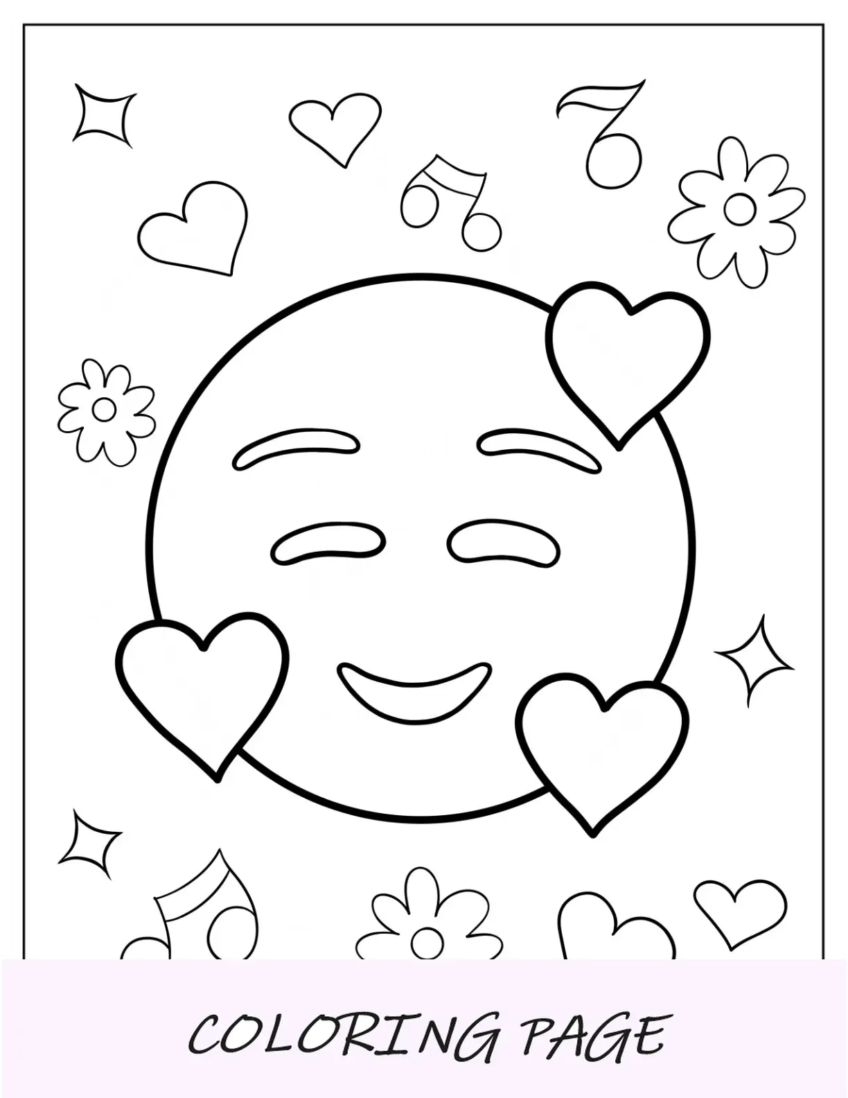 Pagina da colorare Emoji con faccina sorridente con occhi a cuore per bambini in età prescolare