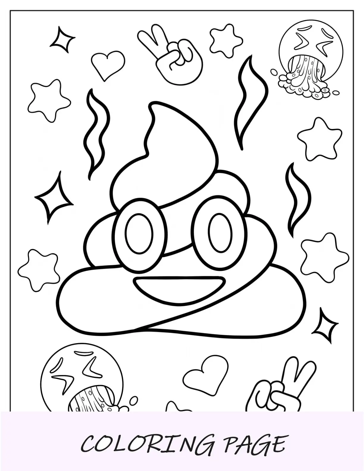 Segno di pace, Strizzare l'occhio con la lingua, Occhi a forma di cuore, Cuore, Alzare la mano, Popper per feste, Piangere forte, Cento punti, Mani giunte, Mandare un bacio, Bicipiti flessi, Pagina da colorare Emoji con faccia vertiginosa